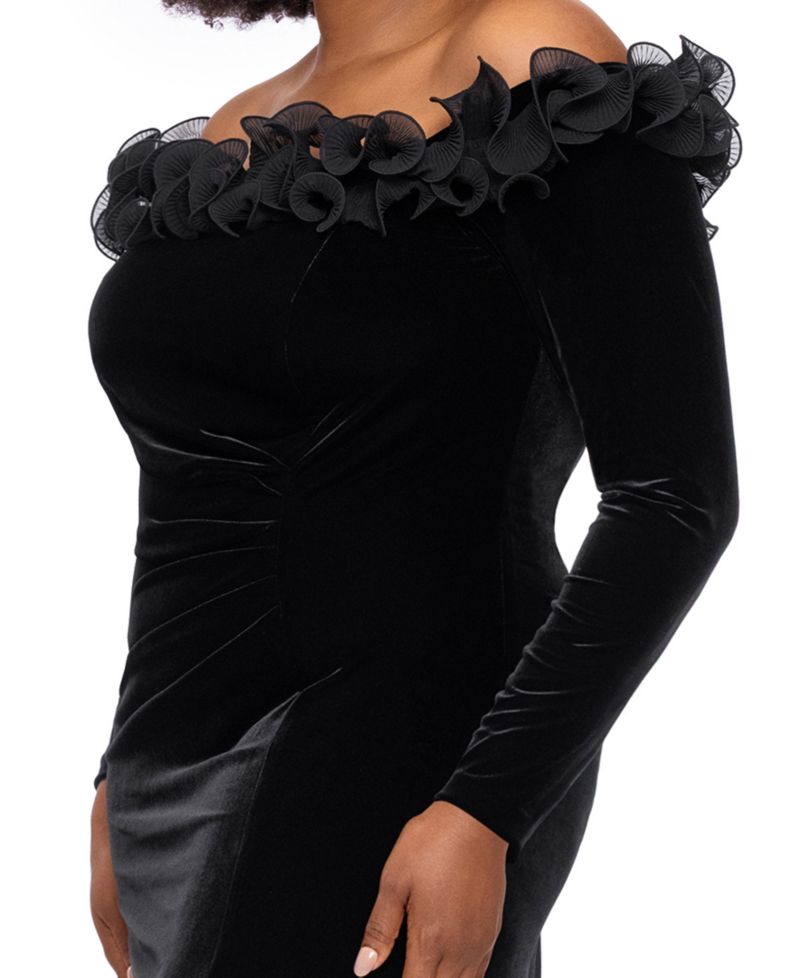 Plus Size Velvet Off-the-Shoulder Long-Sleeve Dress
