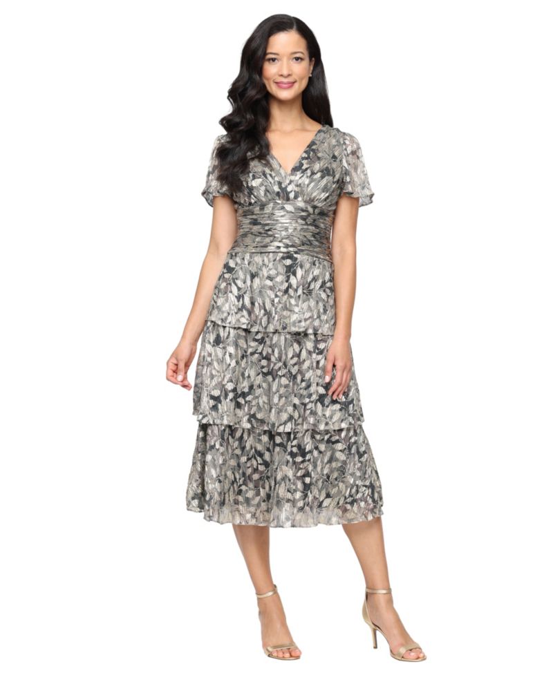 Women's Tea Length Printed Lurex Midi Dress