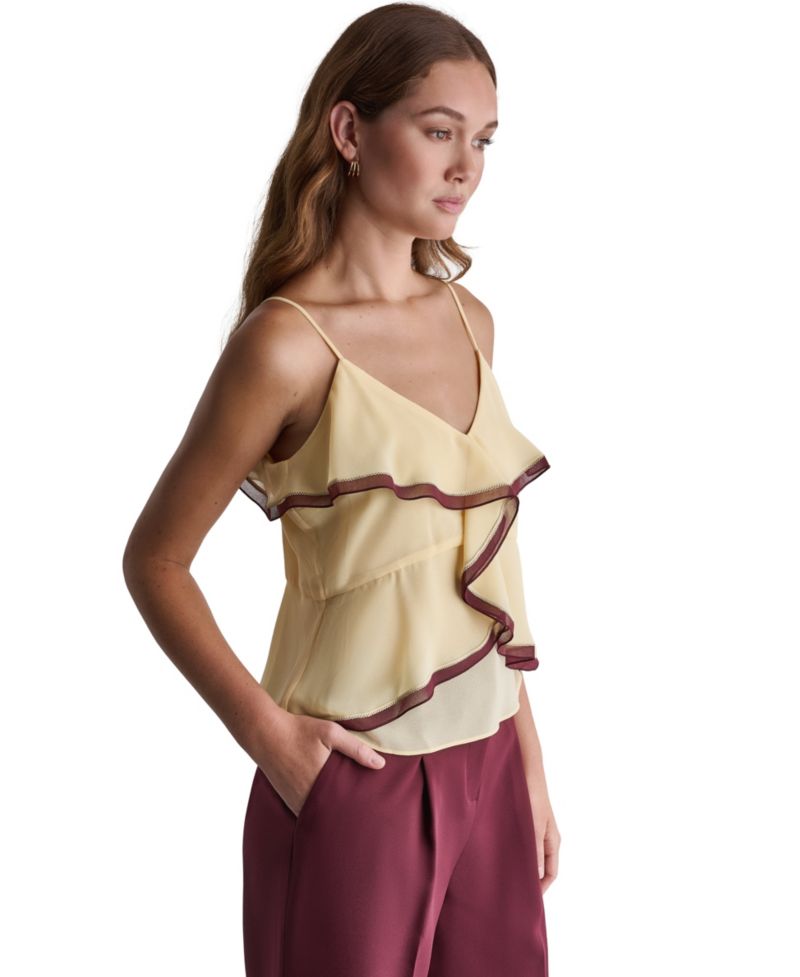 Women's V-Neck Ruffle Front Contrast Trim Tank Top