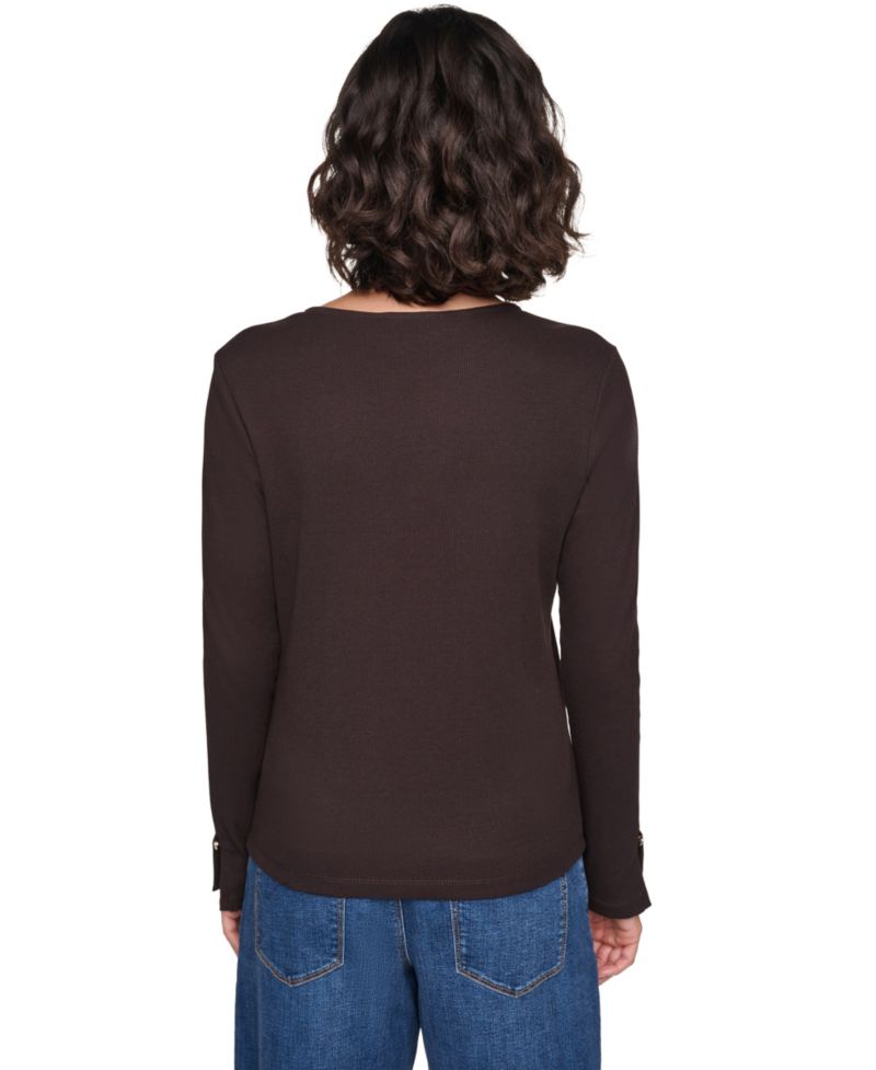 Petite Ribbed Long-Sleeve Button-Detail Knit Top
