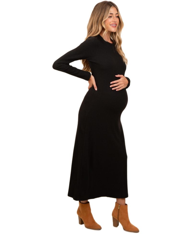 Women's Mocha Ribbed Knit Side Slit Midi Dress