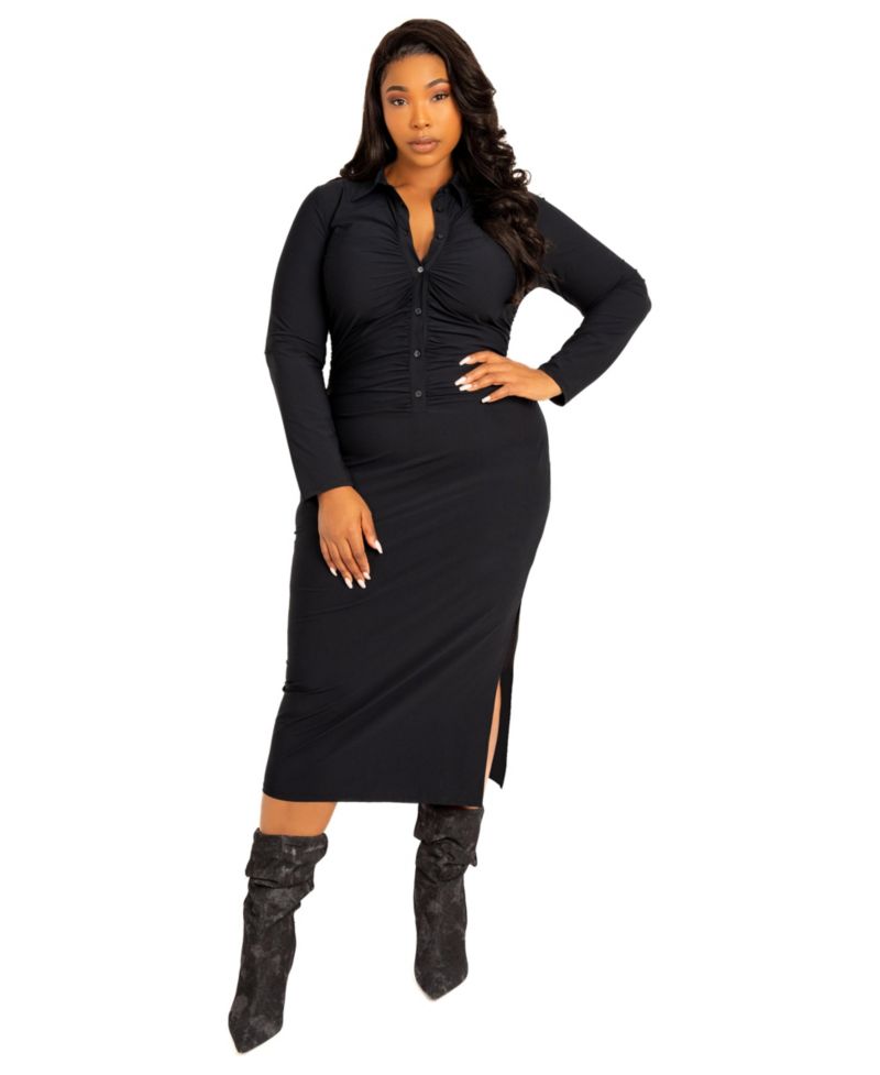 Plus Size Tech Knit Bodycon Ruched Shirt Dress