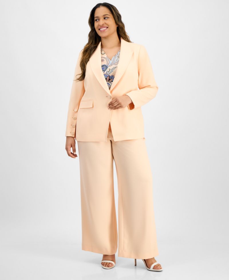 Plus Size Single-Button Crepe Blazer & Wide-Leg Pants Suit Separates