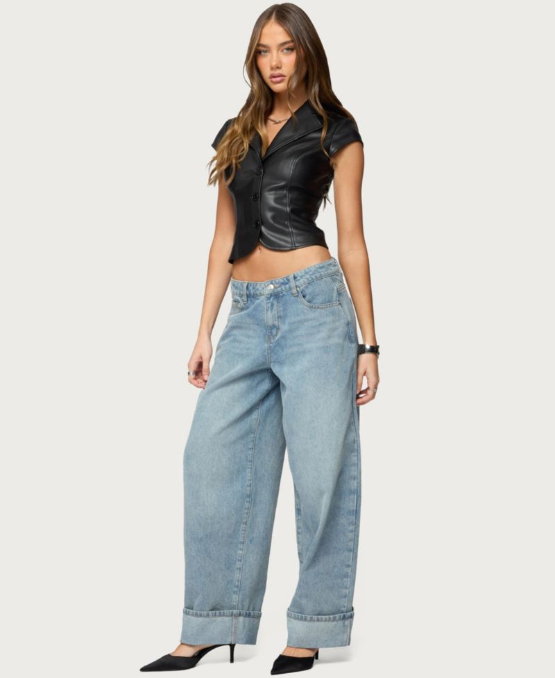 Womens Faux Leather Tailored Button Up Top