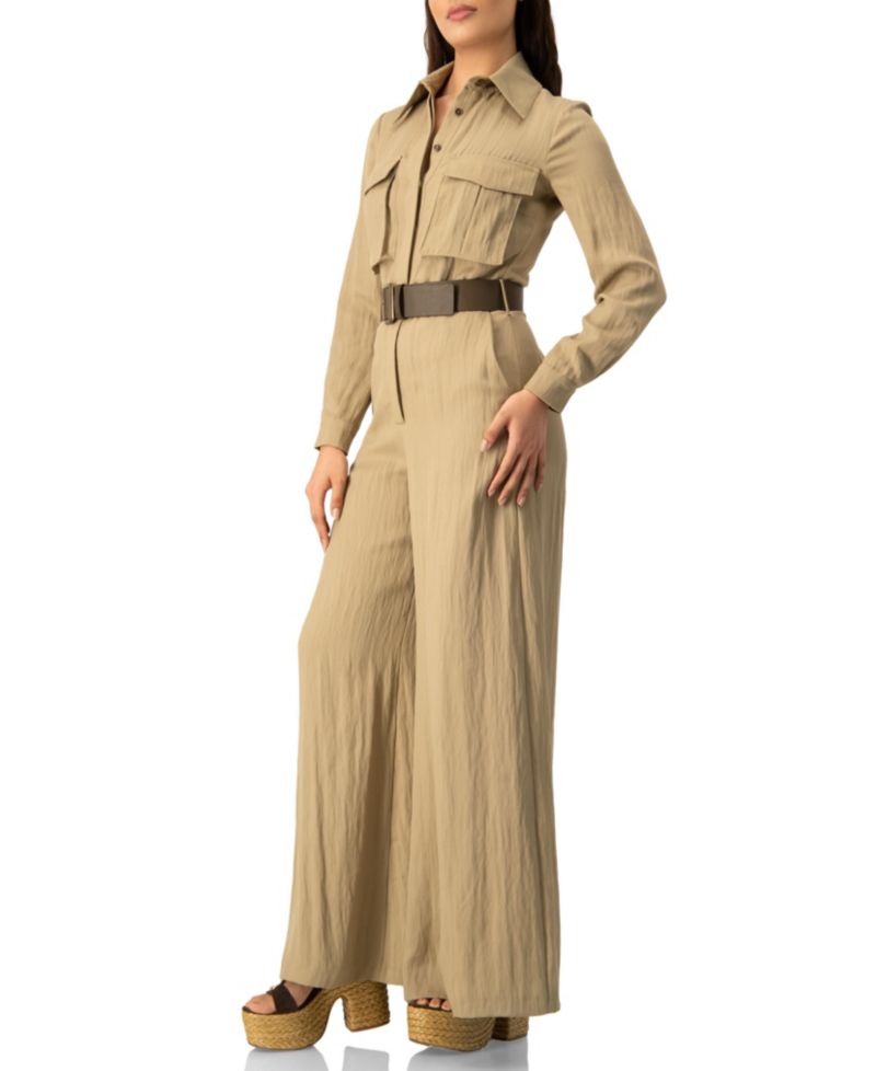 Women's Long Sleeve Button-Front Safari Utility Wide-Leg Jumpsuit