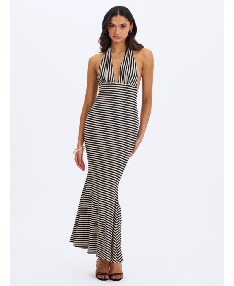 Women's Hannah Striped Plunging-Halter Mermaid Maxi Dress