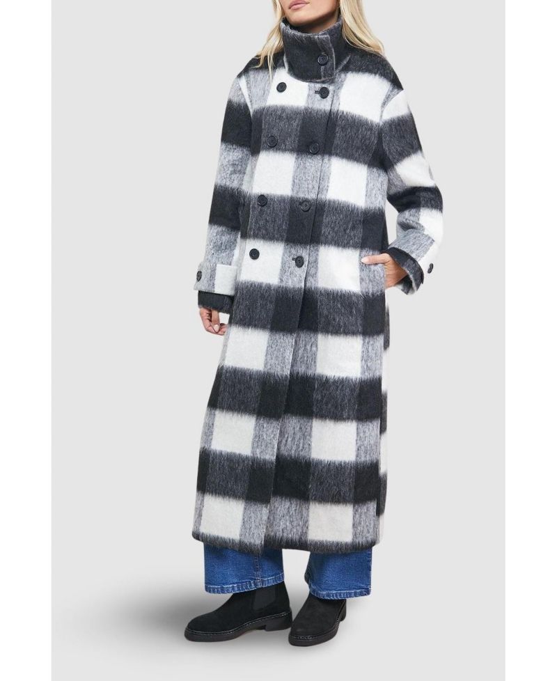 Women's Brushed Check Funnel Neck Coat