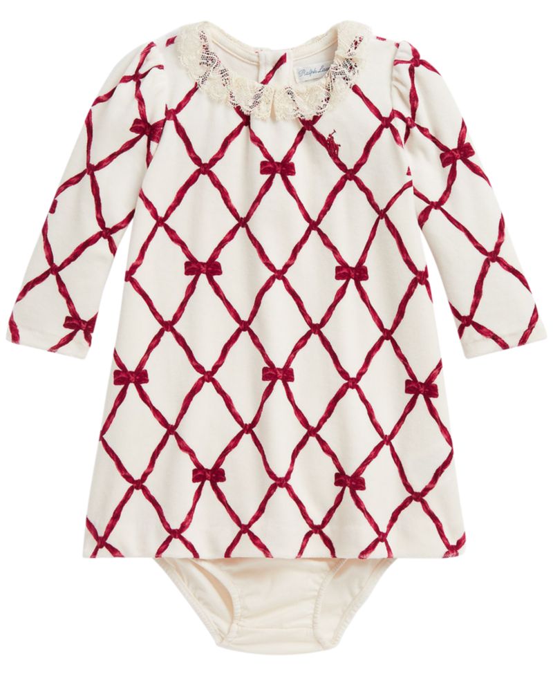 Ralph Lauren Baby Girls' Ribbon-Print Velour Dress & Bloomer