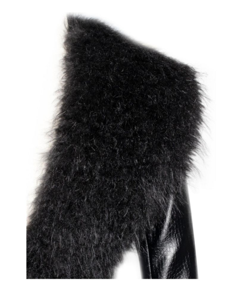 Women's Zella Black Faux Fur Trim Faux Croc Leather Coat