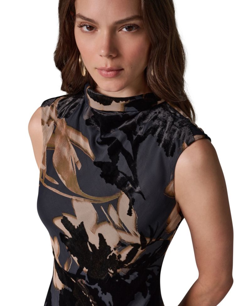 Women's Floral-Print Velvet Burnout A-Line Midi Dress