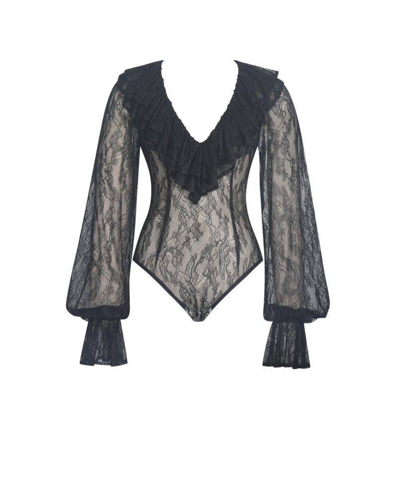 Women's Taliah Black Sheer Lace Ruffled Collar Bodysuit