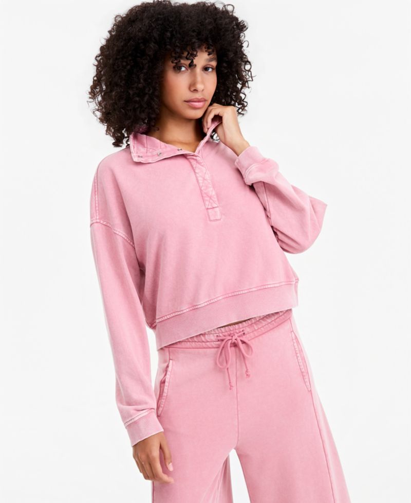 Petite Snap Henley Fleece French Terry Mock Neck Sweatshirt