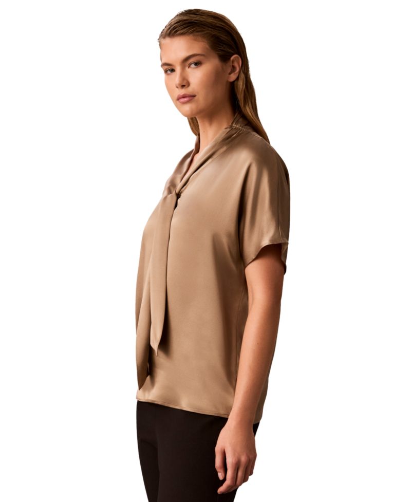Women's Matte Satin Tie-Neck Blouse