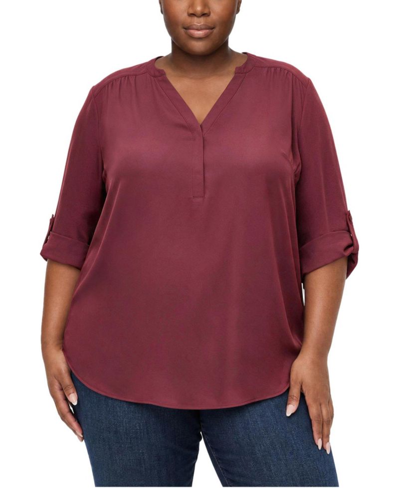 Plus Size Harper Floral 3/4 Roll-Tab Sleeve Blouse
