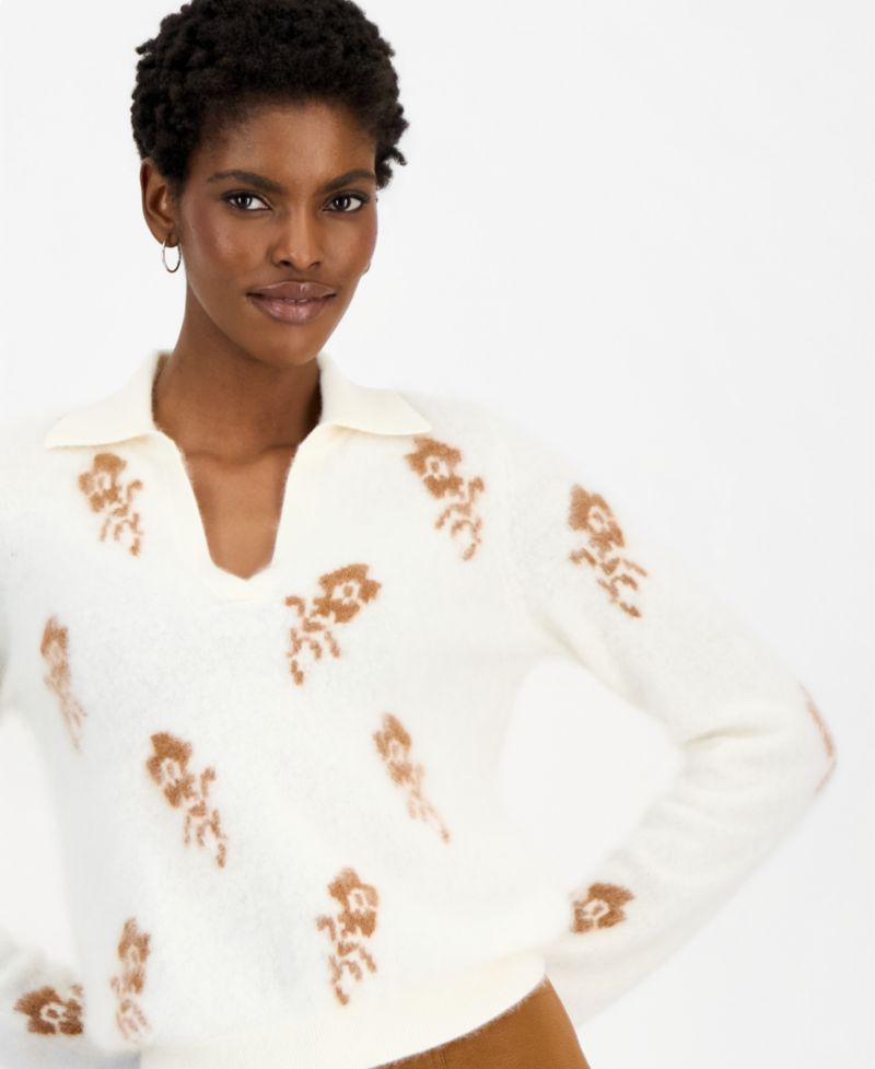 Women's The Raelynn Cashmere Floral Collared Split-Neck Sweater