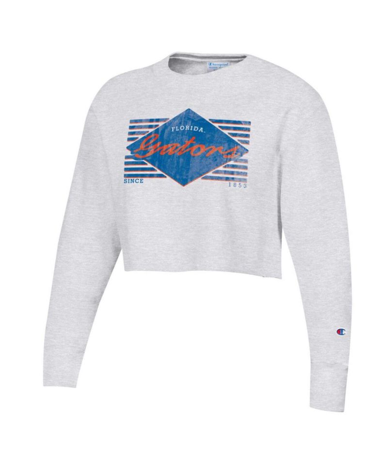 Women's Heather Gray Distressed Florida Gators Reverse Weave Cropped Pullover Sweatshirt