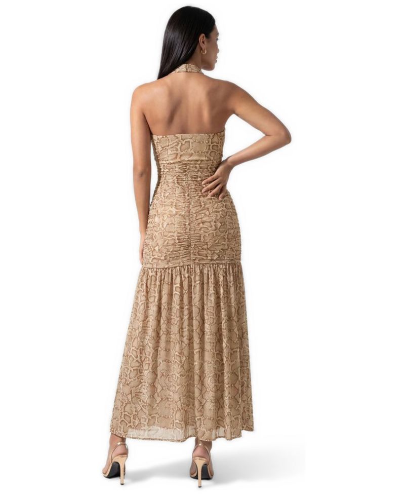 Women's Halter Ruched Snake-Print Maxi Dress
