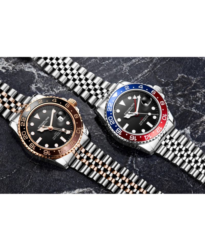 Meridian 3968 Men s GMT Diver Watch - Quartz Movement, 42mm Stainless Steel Case, Black Dial, Red/Blue Bezel