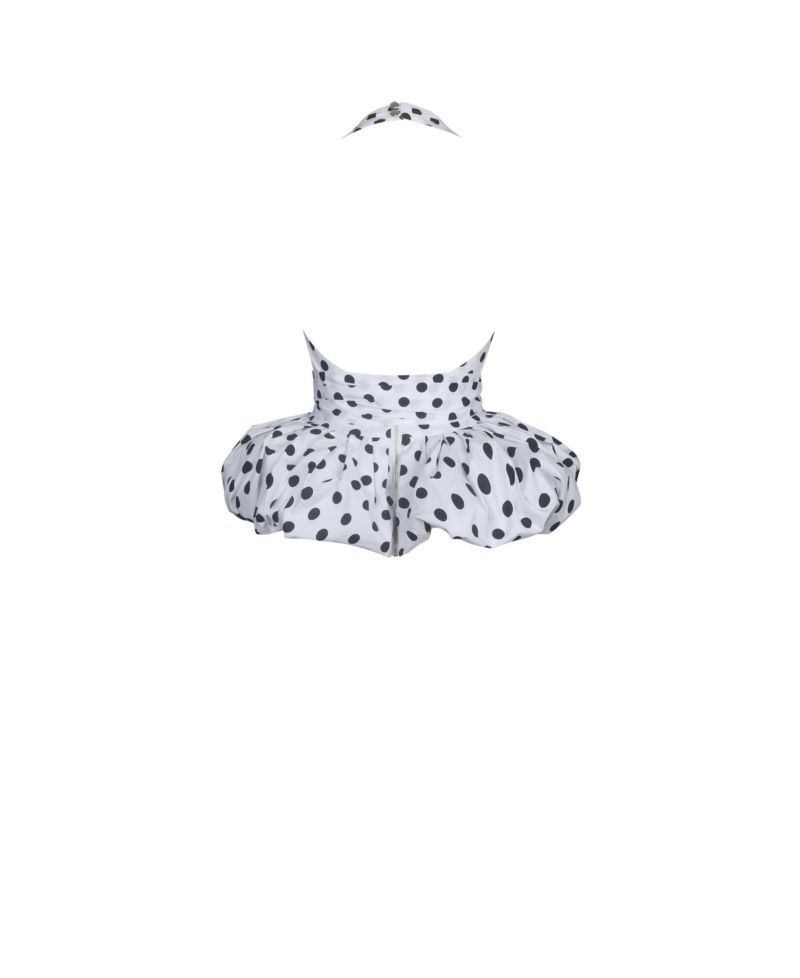 Women's Ilene White and Black Polka Dot Bubble Hem Halter Top