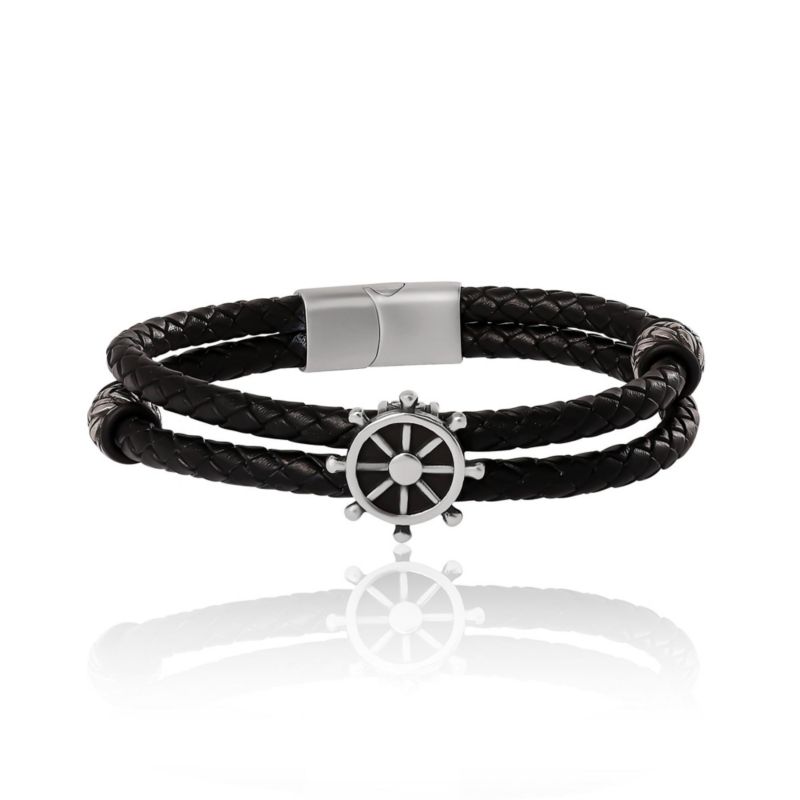 Mens Nautical Wheel Black Braided Bracelet