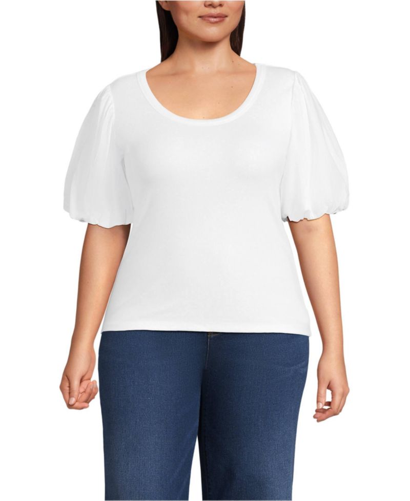 Women's Plus Size Drapey Rib Puff Sleeve Scoop Neck Top
