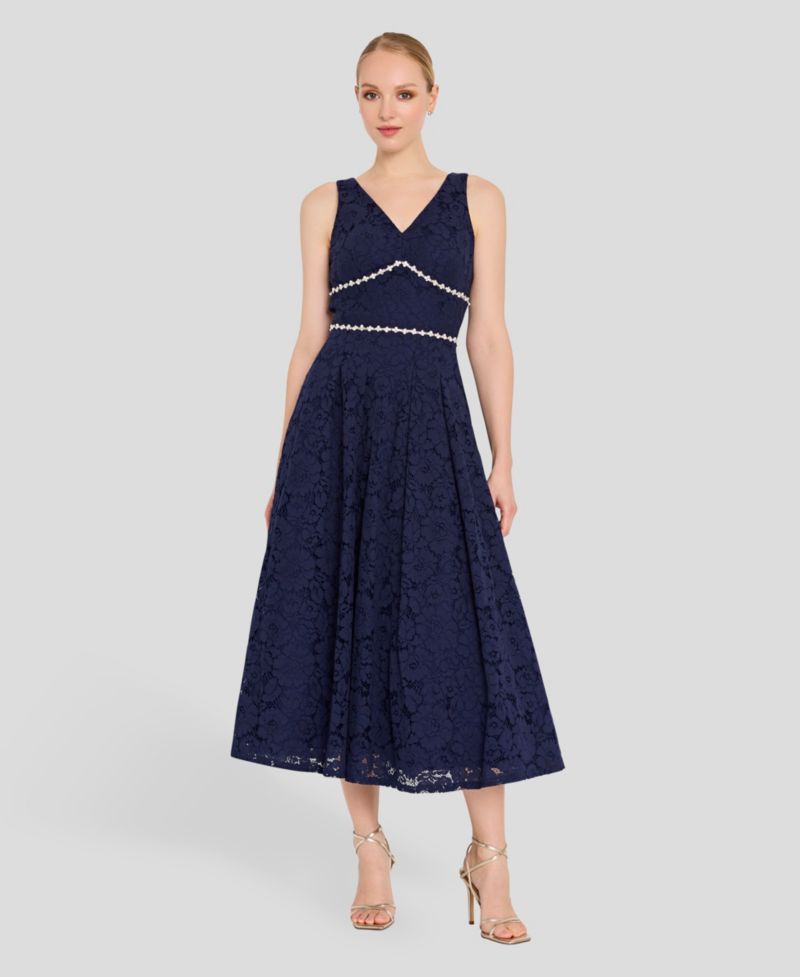 Women's V-Neck Lace Tea Length Ball Gown