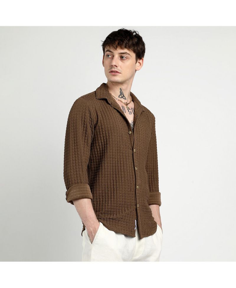 Men's Chocolate Brown Cube-Textured Shirt