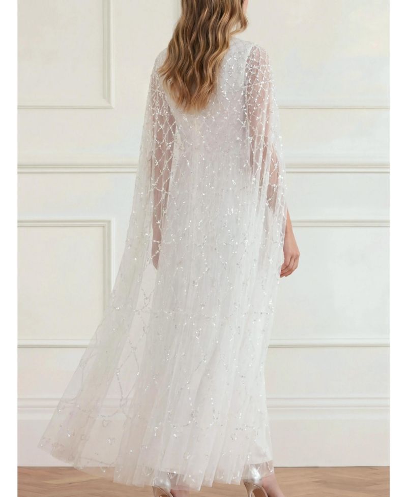 Women's Heart Lattice Cape Sequin-Embellished Floor-Length Gown
