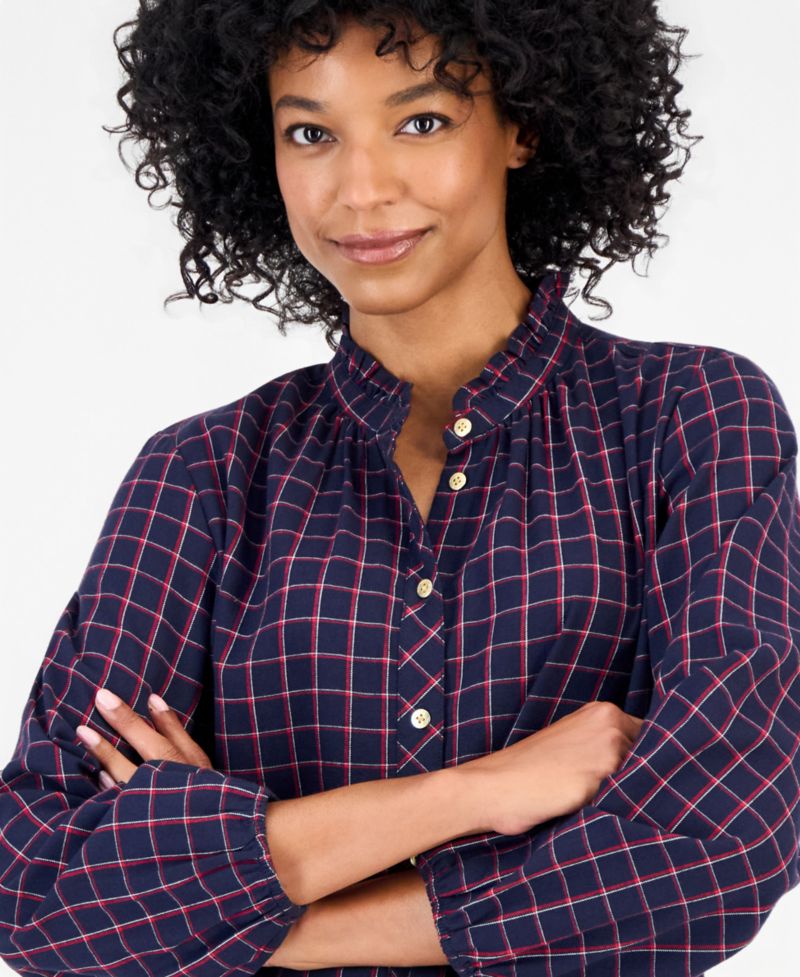 Women's Cotton Puff-Sleeve Flannel Shirt