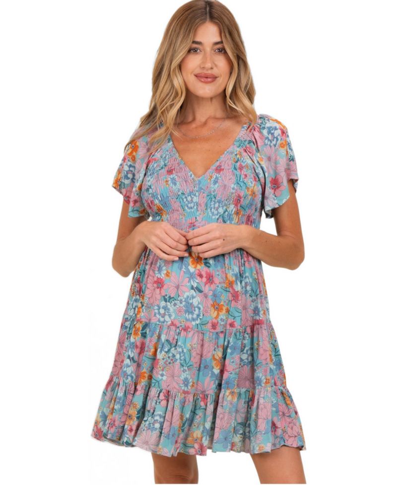 Women's Teal V Neck Smocked Bust Short Sleeve Short Dress