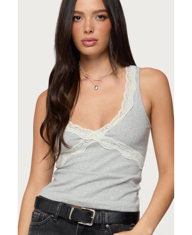 Women's Oriana Contrast Lacey V Neck Top