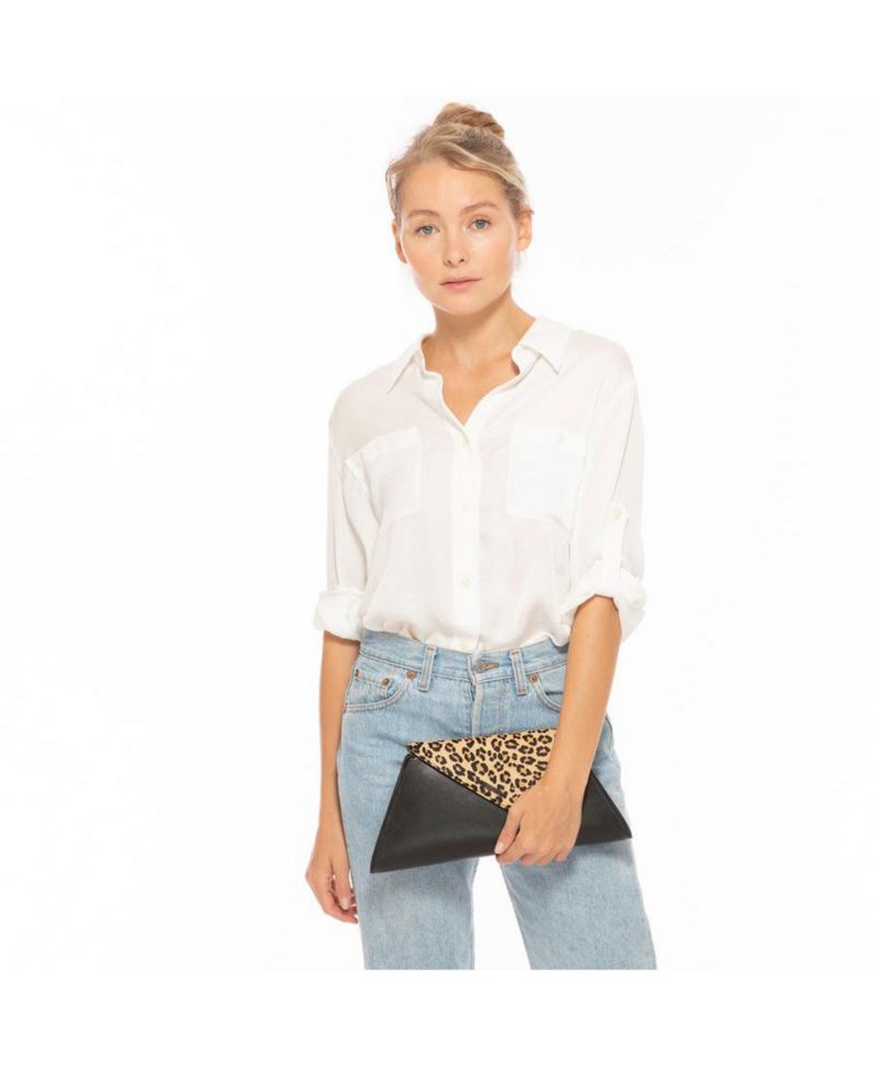 Black Leather Clutch Bag Leopard Unique Evening Purse Women's Handbag
