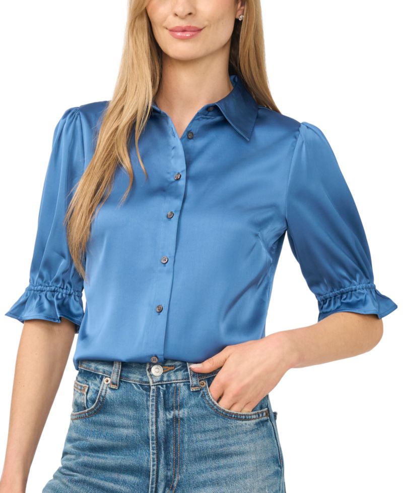 Women's Collared Balloon 3/4-Sleeve Button-Front Blouse