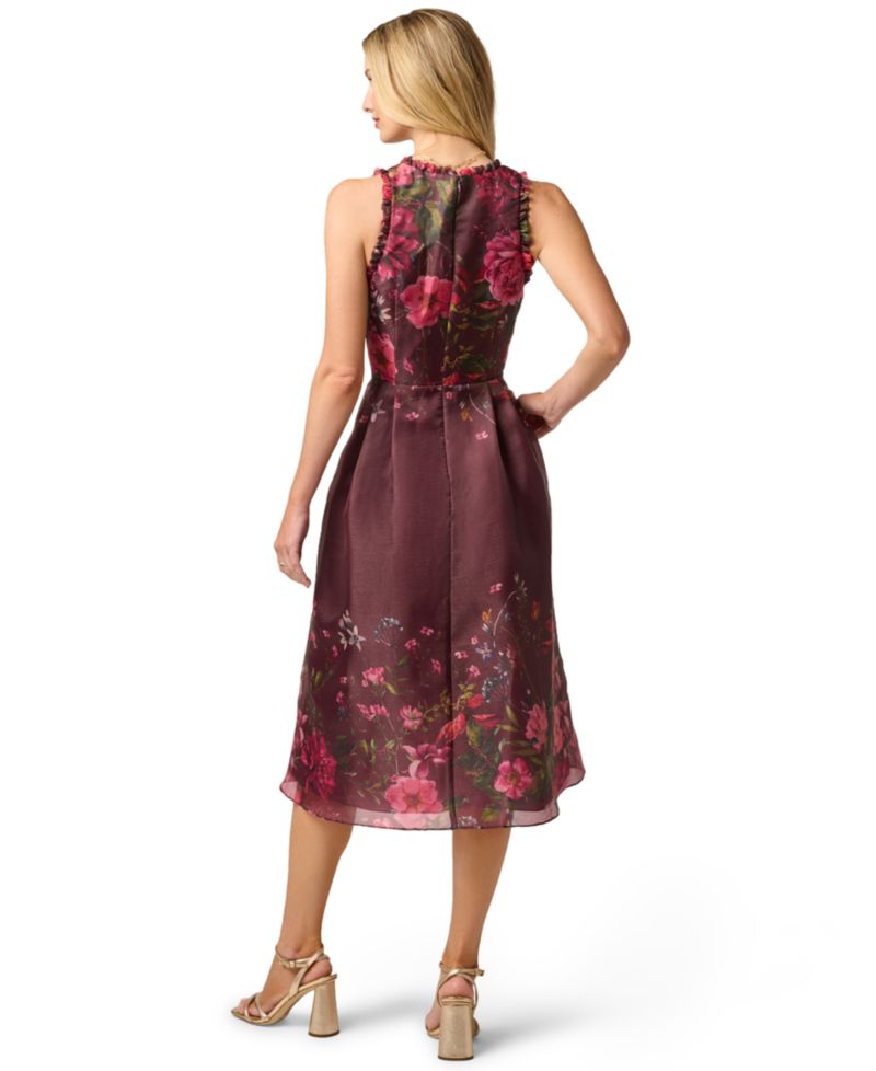 Women's V-Neck Printed Organza Midi Dress