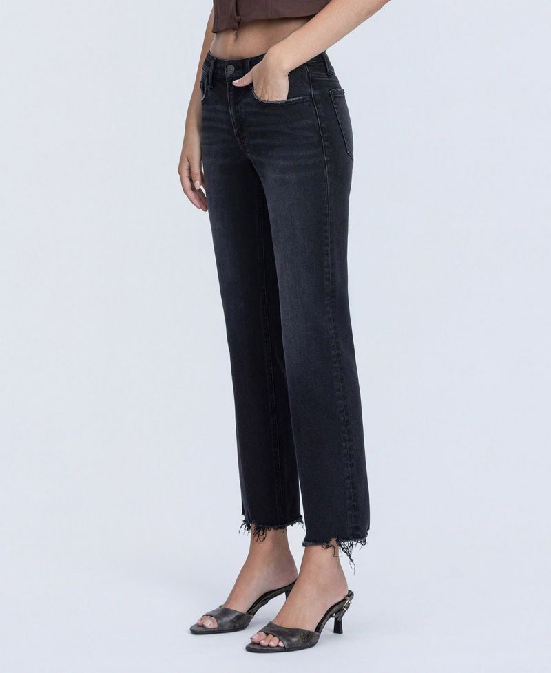 Women's Mid Rise Raw Hem Ankle Straight Jeans