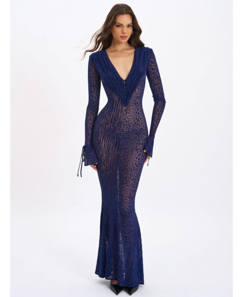 Women's Ilyse Navy V-Neck Plunge Animal Print Mermaid Hem Maxi Dress