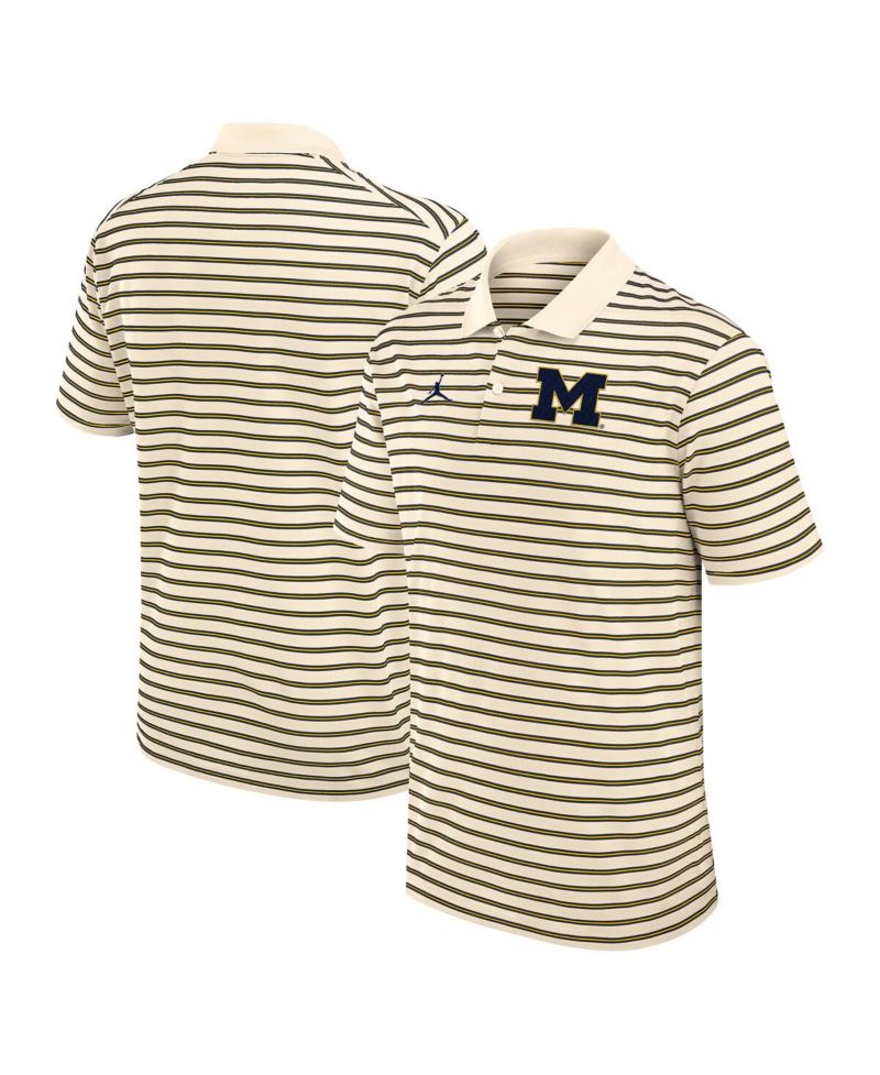 Men's Tan/Navy Michigan Wolverines Striped Primary Logo Performance Polo Shirt