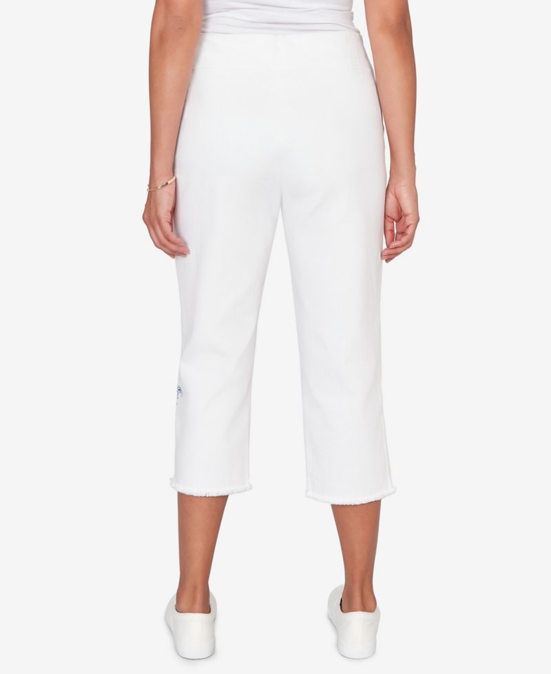 Plus Size Mykonos Floral Embroidered Fringe Super Stretch Denim Capri Pants