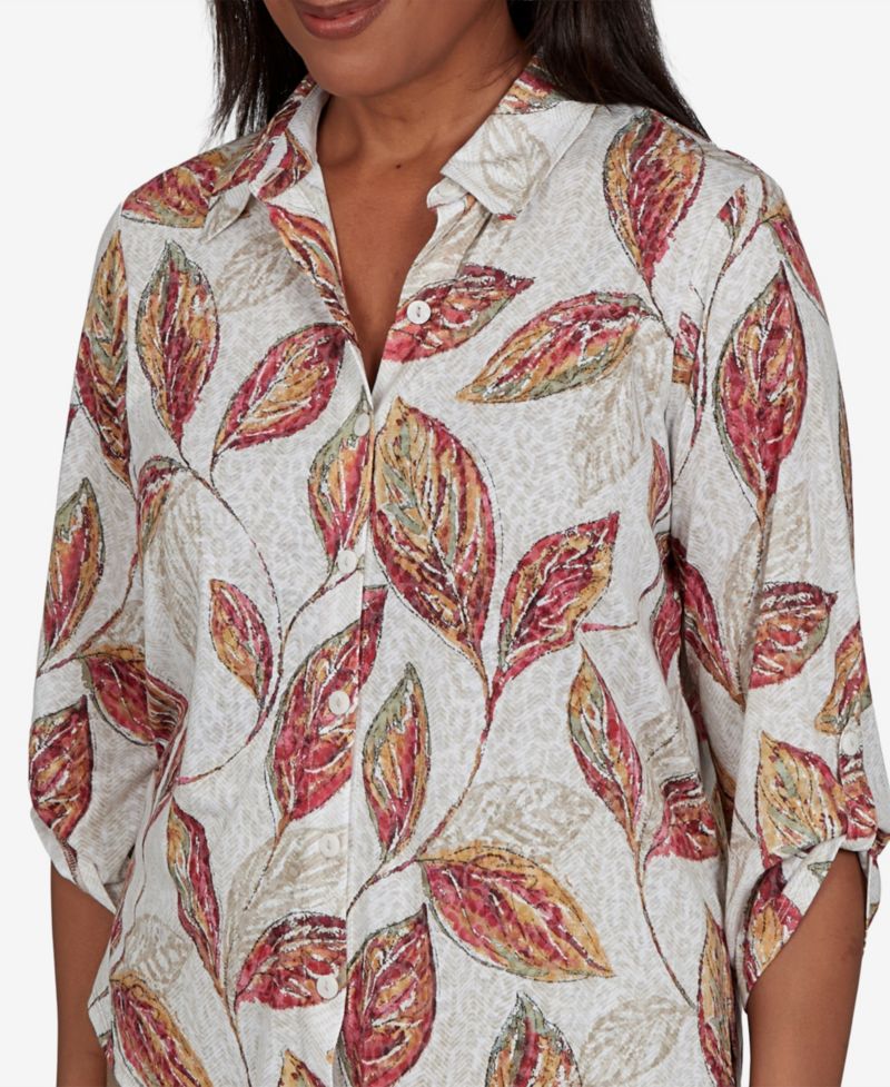 Petite Union Square Sketched-Leaf Print Roll-Tab Sleeves Button-Front Top
