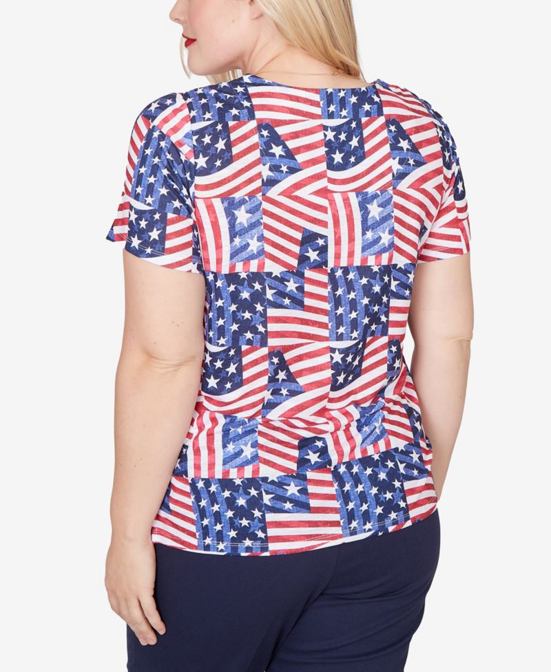 Women's Lady Liberty American Flag Patchwork Keyhole T-Shirt