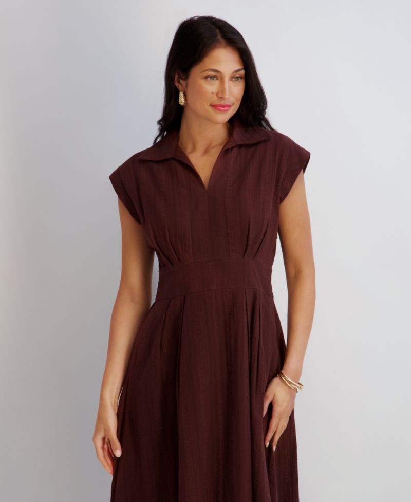 Women's Textured Stripe Midi Collared Shirt Dress
