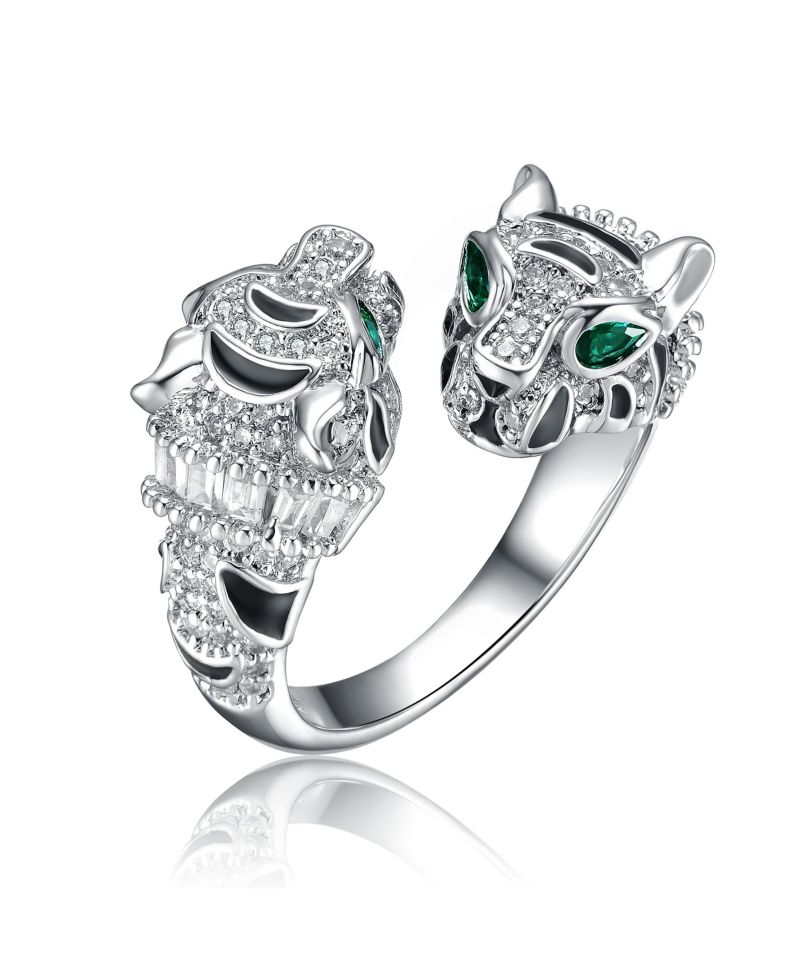 Women's White Gold Plated CZ Paved Panther Bypass Ring