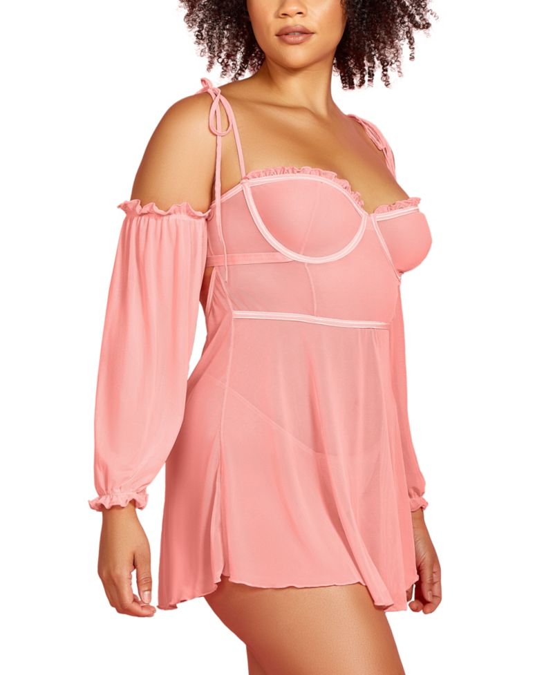Plus Size 2-Piece Babydoll Lingerie Set in Sheer Soft Mesh and Attached off the Shoulder Sleeves