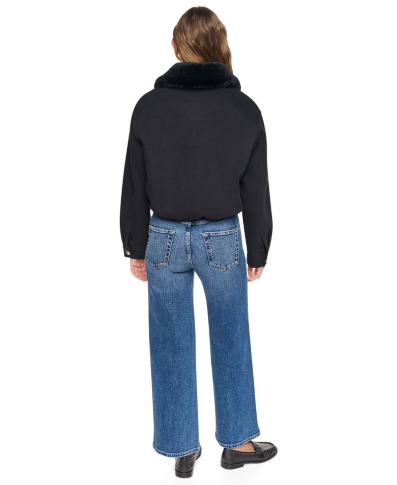 Women's Cropped Faux-Fur Collar Bomber Jacket