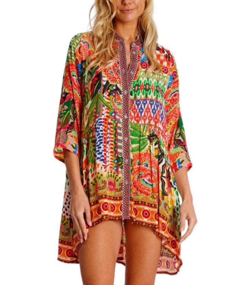 Women's Short Asymmetrical Dress with V-Neck and Mid-Length Sleeves