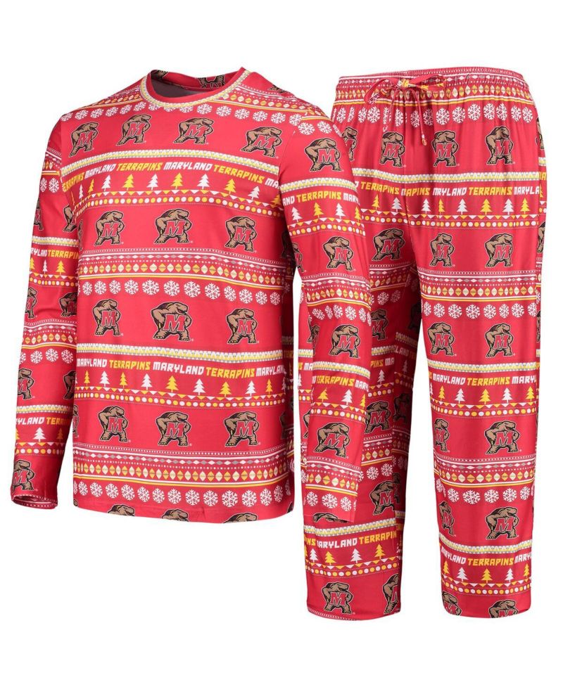 Men's Red Maryland Terrapins Ugly Sweater Long Sleeve T-shirt and Pants Sleep Set