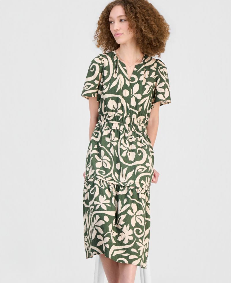 Women's Elastic-Waist Tiered Midi Dress