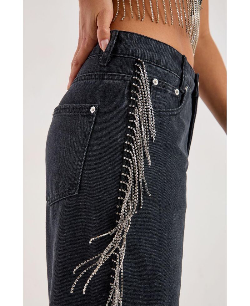 Women's Denim Diamonte Tassel Straight Leg Jeans
