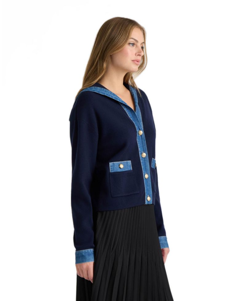 Women's Sailor Collar Denim-Detailing Cardigan
