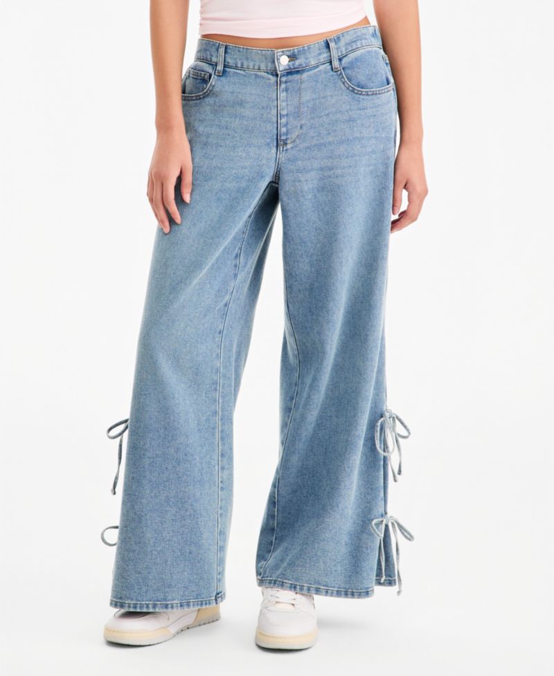 Juniors' Wide-Leg Elastic Back Side Tie Jeans